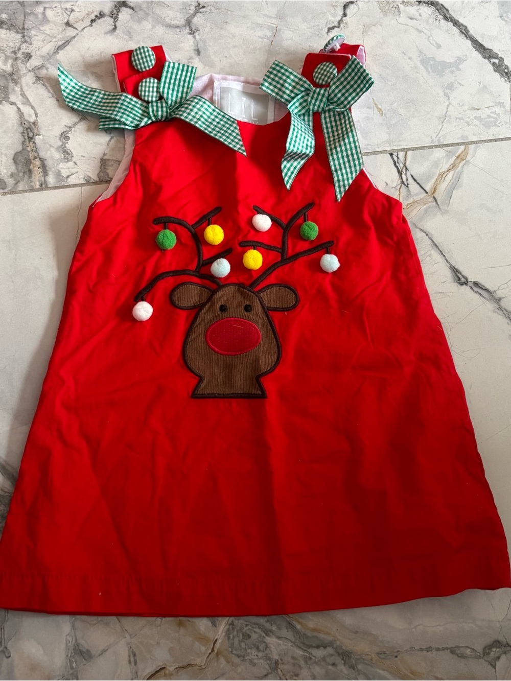 Red Holiday Reindeer Dress with Green Gingham Shoulder Bows